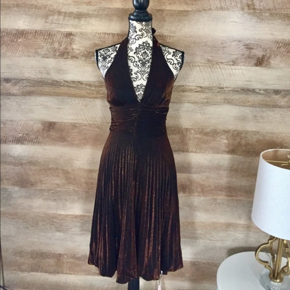 🤎Cache Black/Bronze Metallic Halter Dress